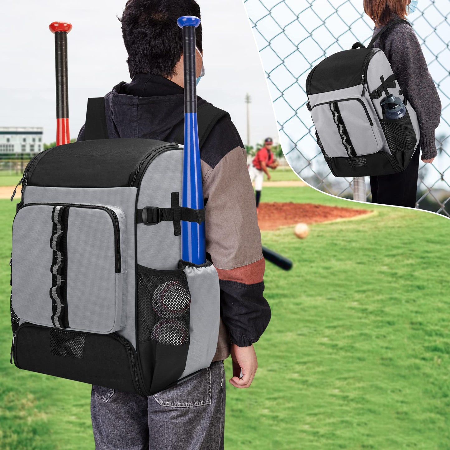 GOBUROS Baseball Backpack Holds Up to 4 Bats, Softball Bat Bag for Men Gray