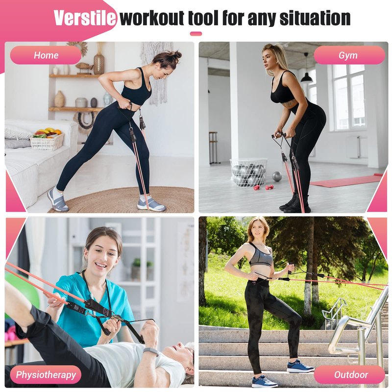 Resistance Bands with Handles for Women, 5 Level Exercise Bands Workout Bands for Physical Therapy, Yoga, Pilates, Door Anchor, Storage Pouch(Pink)