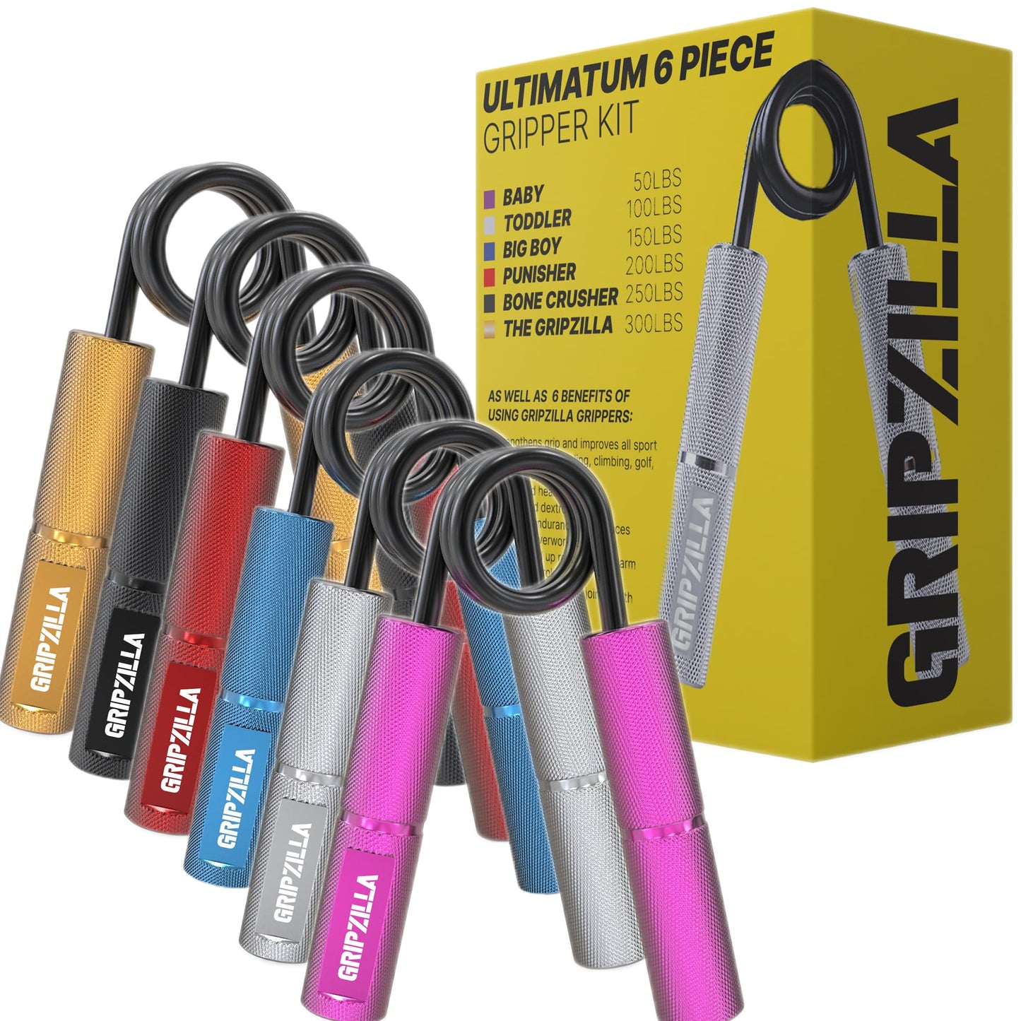 GRIPZILLA Grip Strength Trainer 50-300lb, 6Pack, Pink+Silver+Blue+Red+Yellow+Black