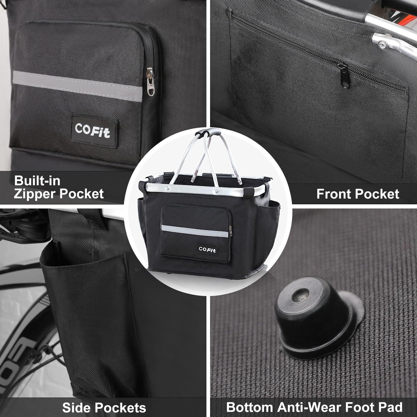 COFIT Detachable Bike Basket Front, Foldable Bicycle Dog Carrier for Small Pet, Shopping, Commuting, Camping and Outdoor Cargo Bag with Side Pouches, Black