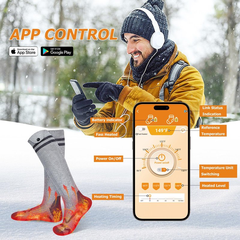 Rechargeable Heated Socks for Men Women with APP Control, 5000mAh*2 Battery Heating Socks, Electric Heated Socks for Outdoor Work Camping Fishing Climbing
