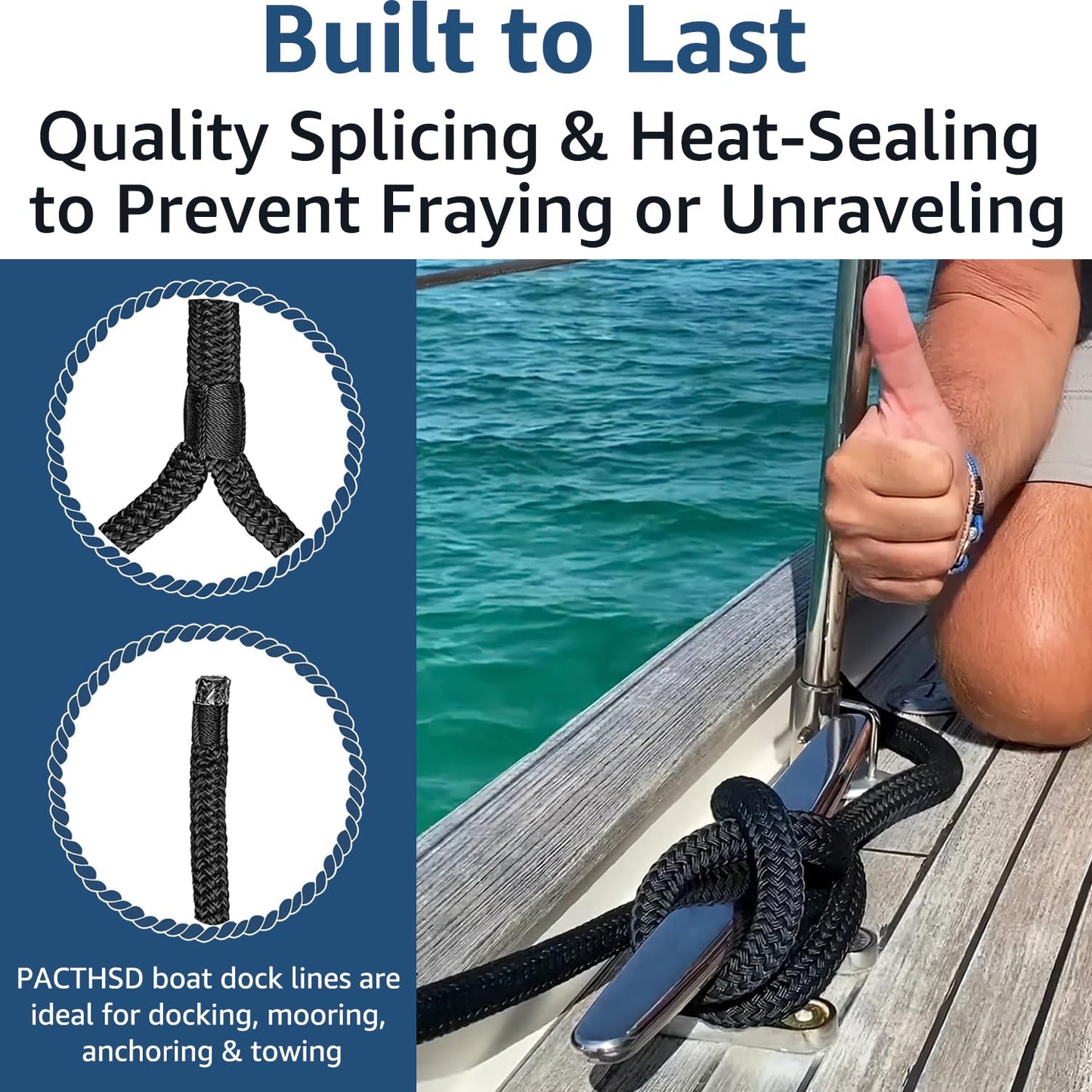 PACTHSD 2 Pack 1/2" x 15' Dock Lines - Marine Grade Nylon Boat Rope with 12" Loop for Docking and Mooring - Double Braided Boat Lines, High Strength, Easy Handling, Fray Resistant - Black