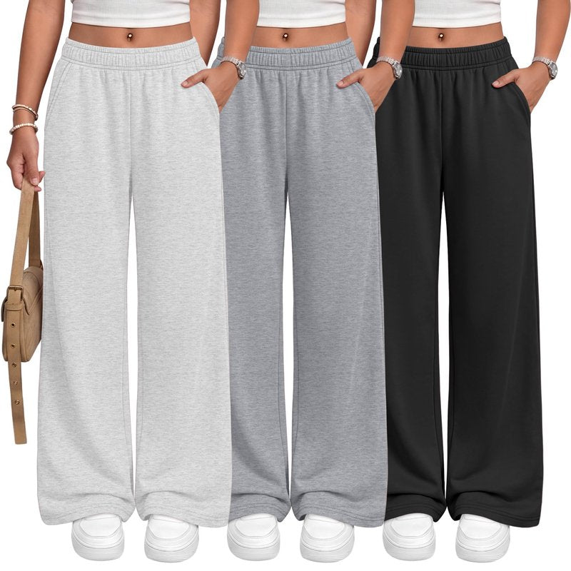 LessonZoo 3 Pack Girls Wide Leg Sweatpants Kids Lightweight Joggers Open Bottom Baggy Pants Athletic with Pockets(Black, Light Heather Gray, Light Gray,13-14 Years)