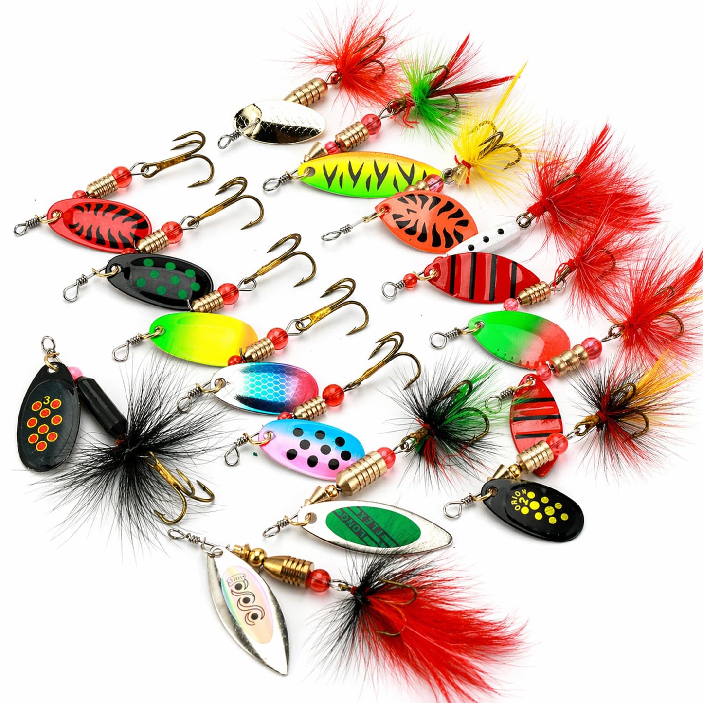 Fishing Spinner Lures Kit 15PCS, Inline Spinner Baits with Treble Hooks and Feather Tails, Rooster Tail Lures, Hard Metal Trout Spinners for Bass Crappie Panfish Freshwater