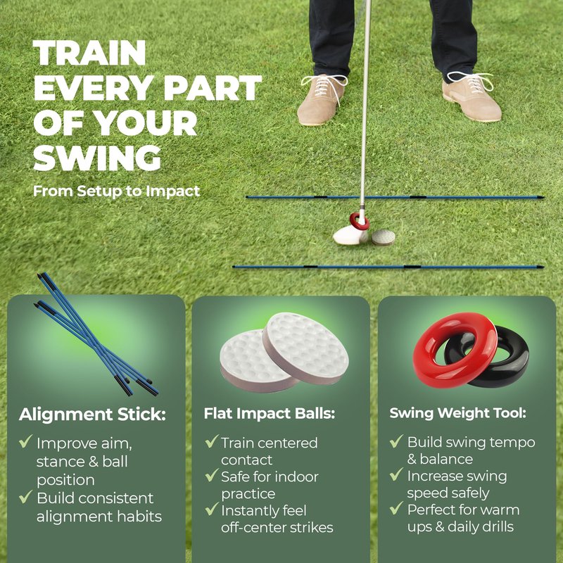 6-in-1 Golf Swing Trainer with Divot Board, Golf Grip Trainer, Alignment Sticks and Training Aid | Golf Accessories for Men & Women | Hitting Mat Practice Indoor & Outdoor