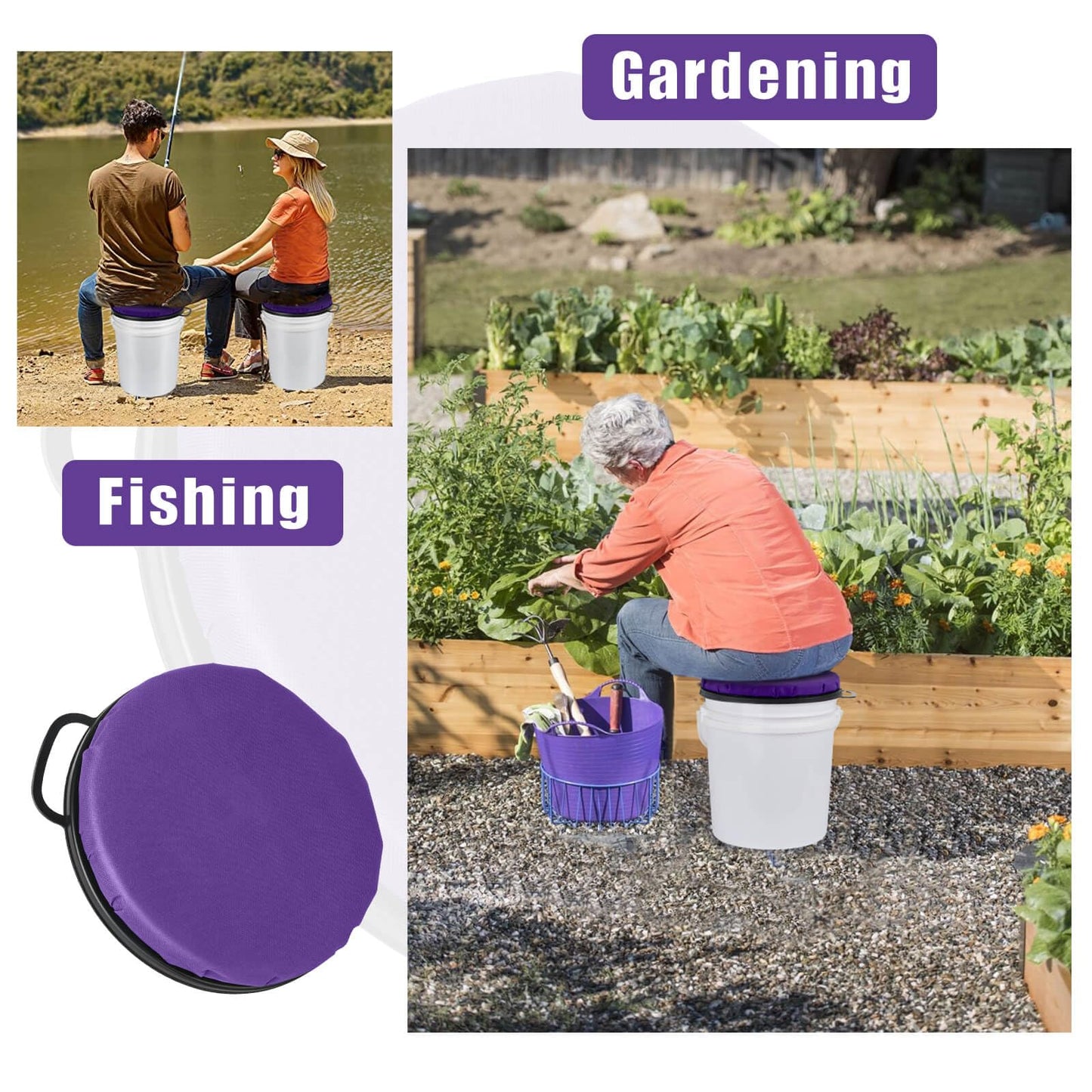 Foxtune 360-Degree Swivel Bucket Seat, 5 Gallon Bucket Lid, Spin Bucket Seat Cushion, Silent, Comfortable, Water-Resistant, for Fishing, Gardening, Hunting and Camping (Purple)