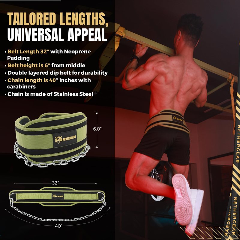 Nethergear Dip Belt for Weight Lifting with 36” Heavy-Duty Steel Chain, Comfortable Neoprene & Strong Stitching, Weighted Belt Ideal for Bodybuilding, Powerlifting, Pull Ups & Squats (Green)