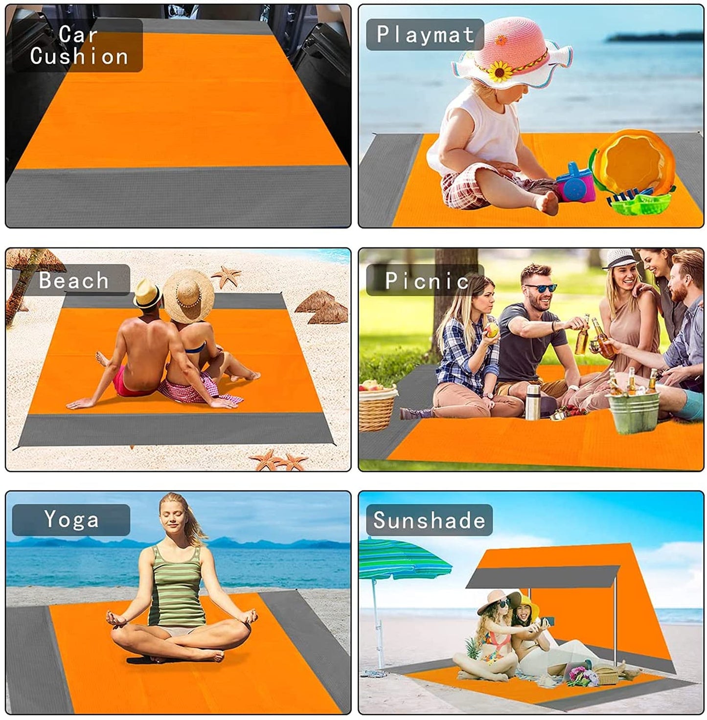 Beach Blanket, 79''×83'' Picnic Blankets for 4-7 Adults, Waterproof & Sandproof, Oversized Lightweight Beach Mat, Portable Picnic Mat, Waterproof Mat for Travel (Orange-Gray)