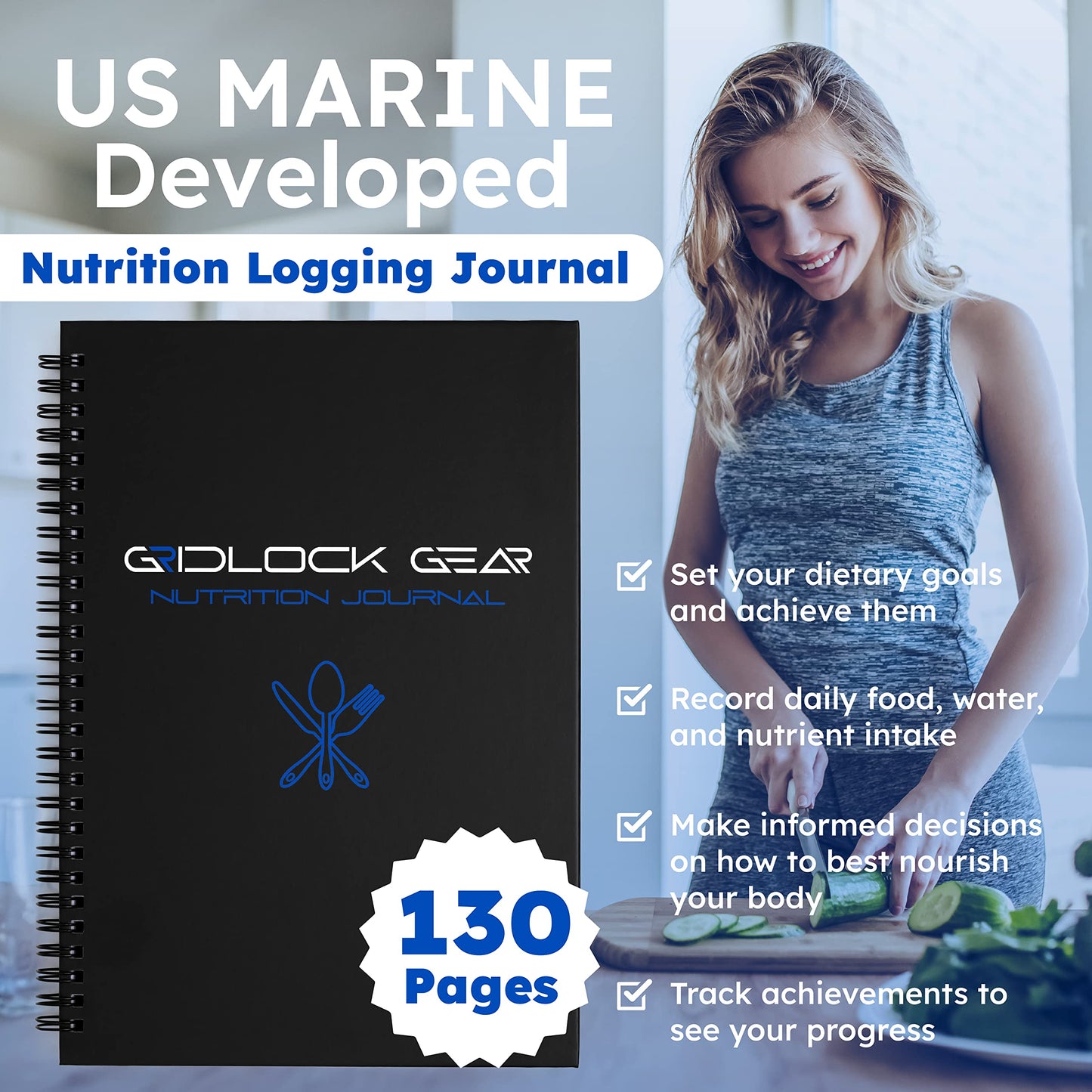 Gridlock Gear Workout Notebook Log and Fitness Journal for Men & Women - US Marine Design Diet & Gym Exercise Log Book with Body Tape Measure and Pen - Track Meals, Nutrition, Weight Loss and Bodybuilding