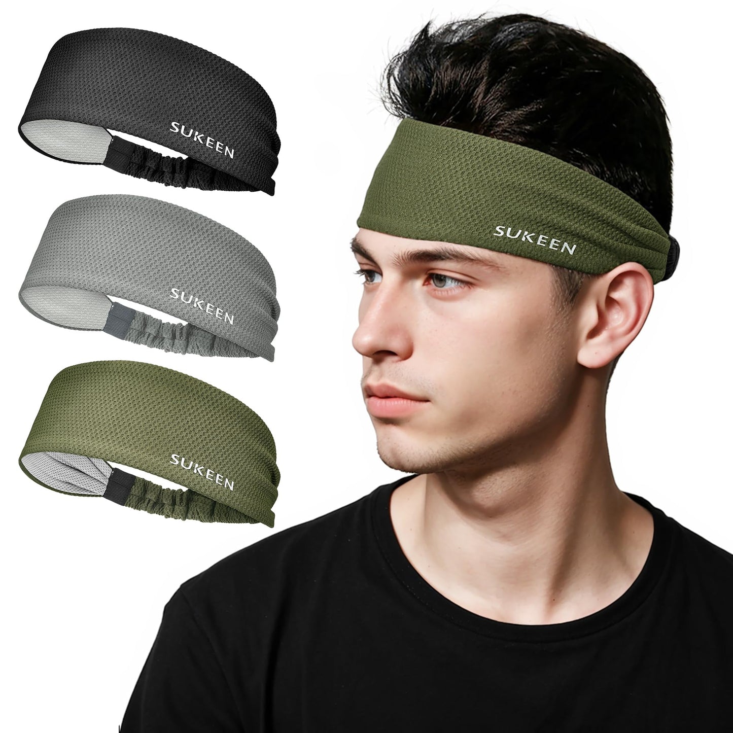 Sukeen Workout Headbands for Men, Sweat Bands Sweatbands Headbands for Women, Moisture Wicking Sports Headbands, Non Slip Stretch Cooling Headband for Running, Gym, Yoga, Black, Dark Gray, Dark Green