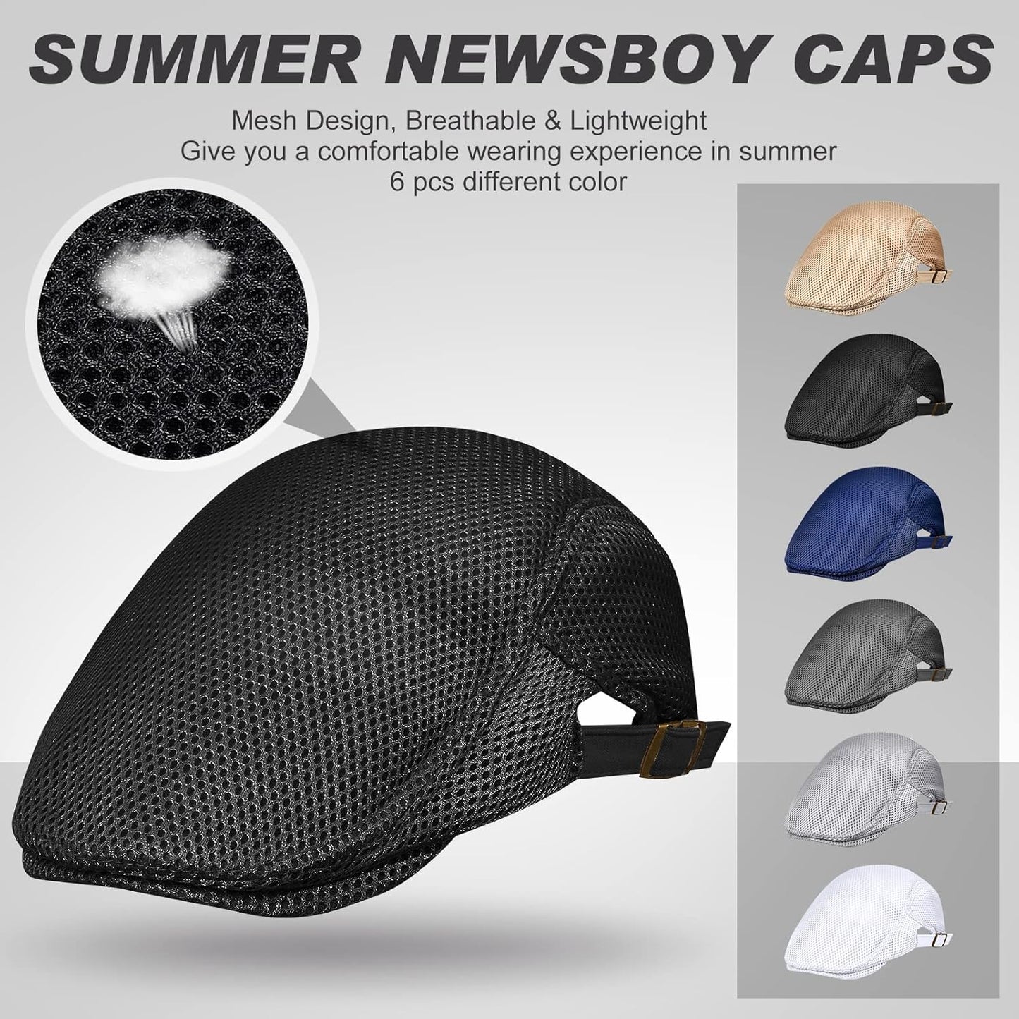 Men's Mesh Flat Cap - Breathable Summer Newsboy Hat | Adjustable Cabbie Driving Cap - 6 Pcs Set