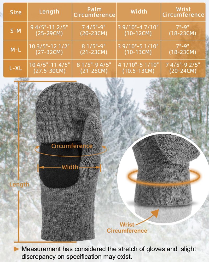 BERGWEISER Flip Winter Gloves, Convertible Fingerless Gloves for Men Women, Mittens with Flip Thumbtop & Magnetic Button Closure Gifts Grey M/L