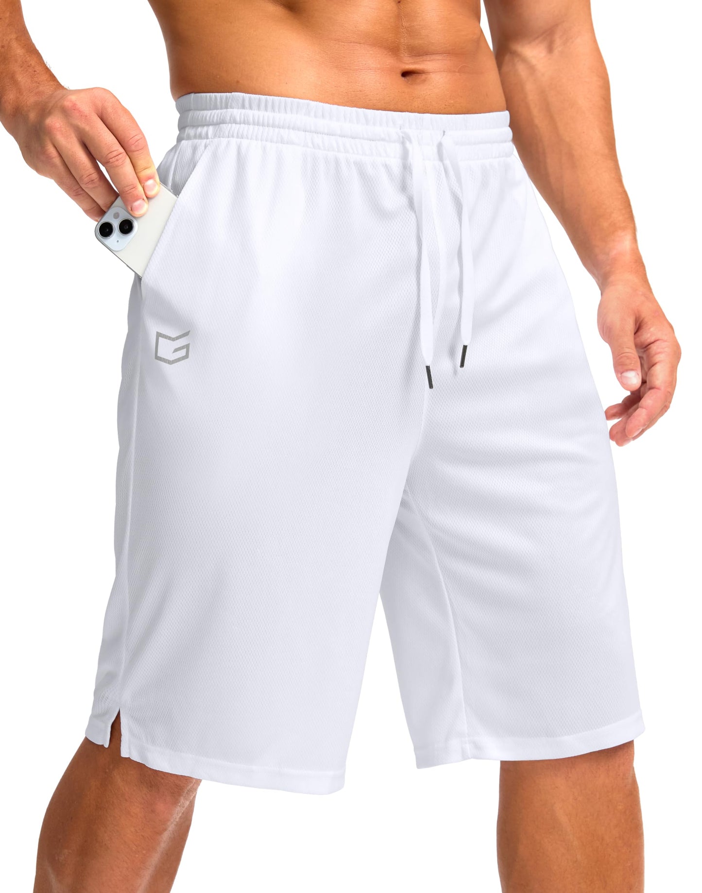 G Gradual Men's Athletic Shorts with Pockets 9" / 11" Long Basketball Shorts Lightweight Quick Dry Gym Workout Shorts for Men(White,S)