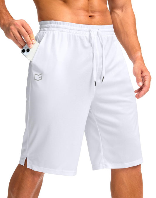 G Gradual Men's Athletic Shorts with Pockets 9" / 11" Long Basketball Shorts Lightweight Quick Dry Gym Workout Shorts for Men(White,S)