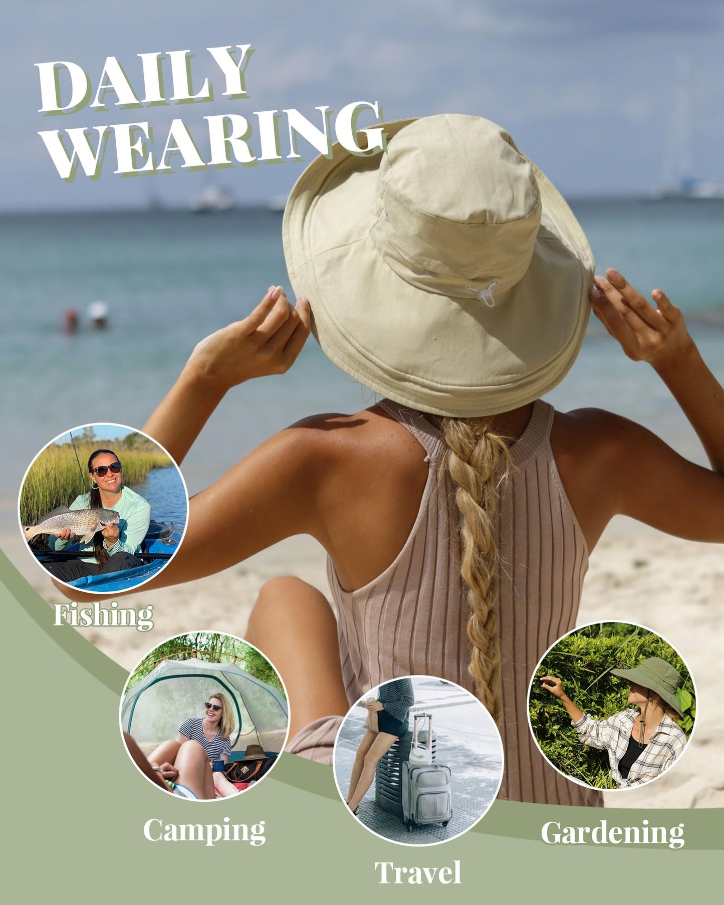Hatiis Womens Sun Hat with Ponytail Hole Cotton Shapeable Wide Brim