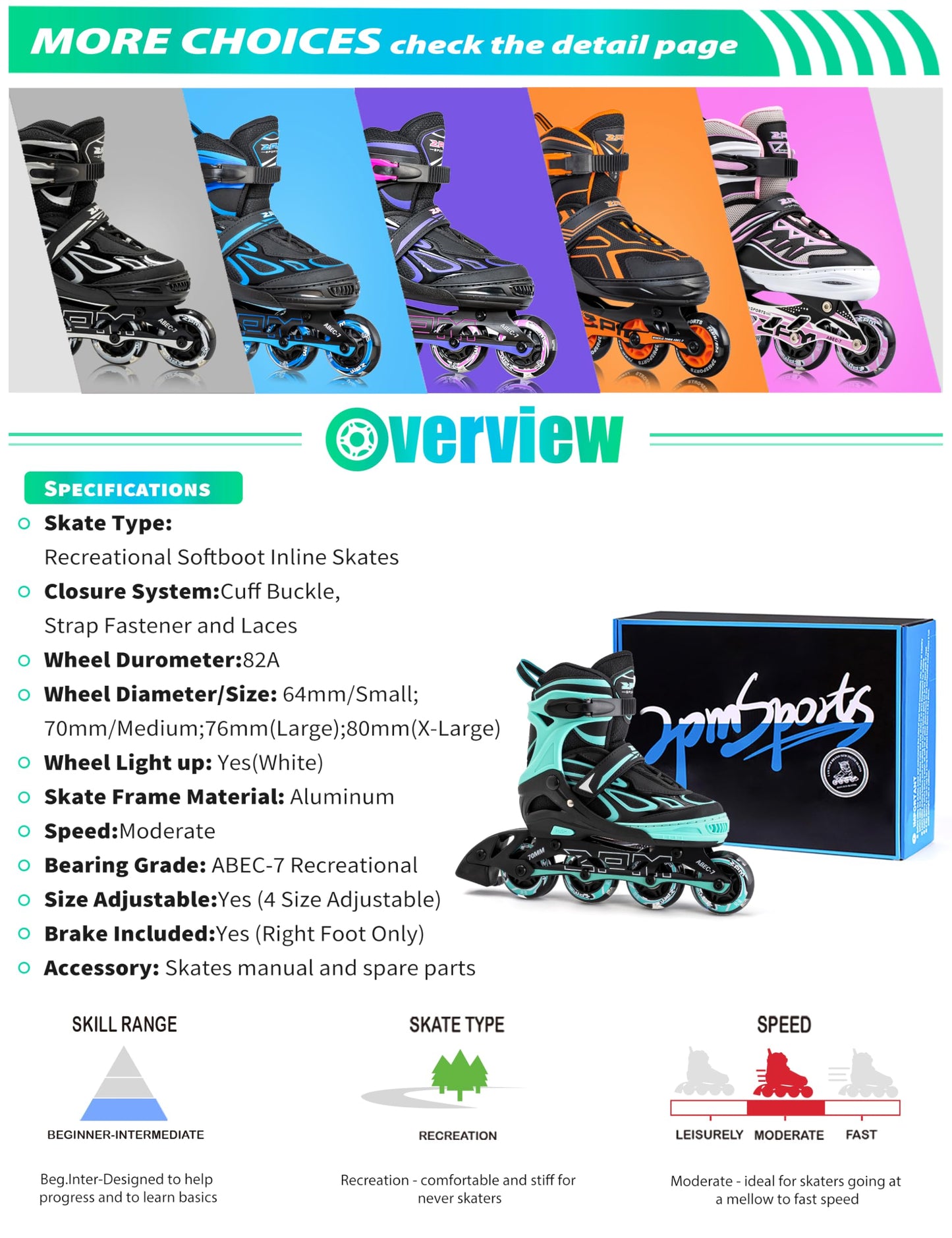 2PM SPORTS Vinal Girls Adjustable Flashing Inline Skates, All Wheels Light Up, Fun Illuminating Skates for Kids Women and Men Adults Boys - Mint Extra Large