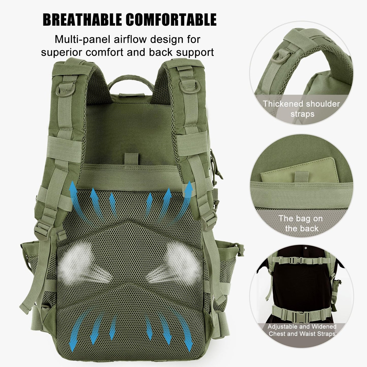 kookoomia Military Tactical Backpack 25L Day Backpack for Men Molle Army 3 Days Assault Pack Bug Out Bag Water Resistant and Heavy Duty Hiking Treeking Rucksack - Dark Green