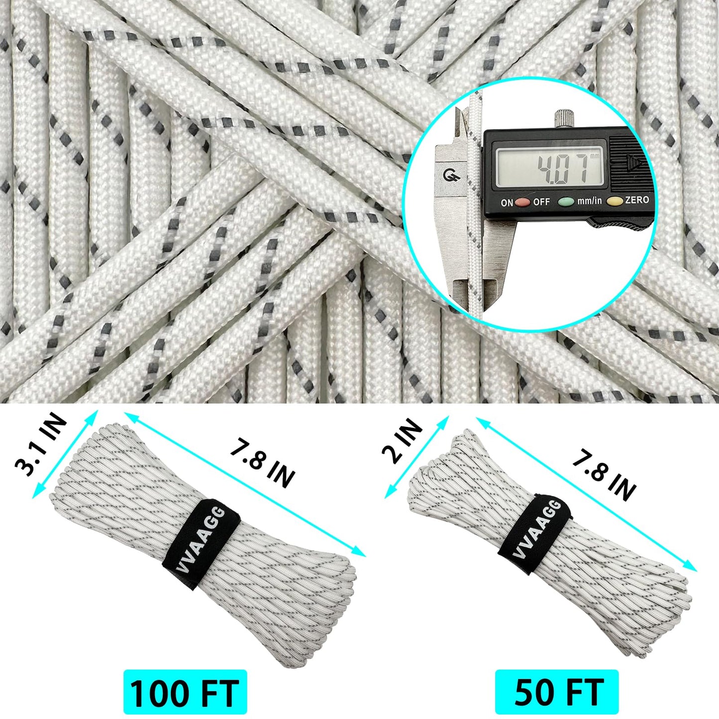 VVAAGG Reflective Paracord Rope 100FT, 7 Strand Nylon para Cord Lanyard Utility 550 Parachute Cord, 4mm Thin Tent Rope for Outdoor Camping Hiking (White)