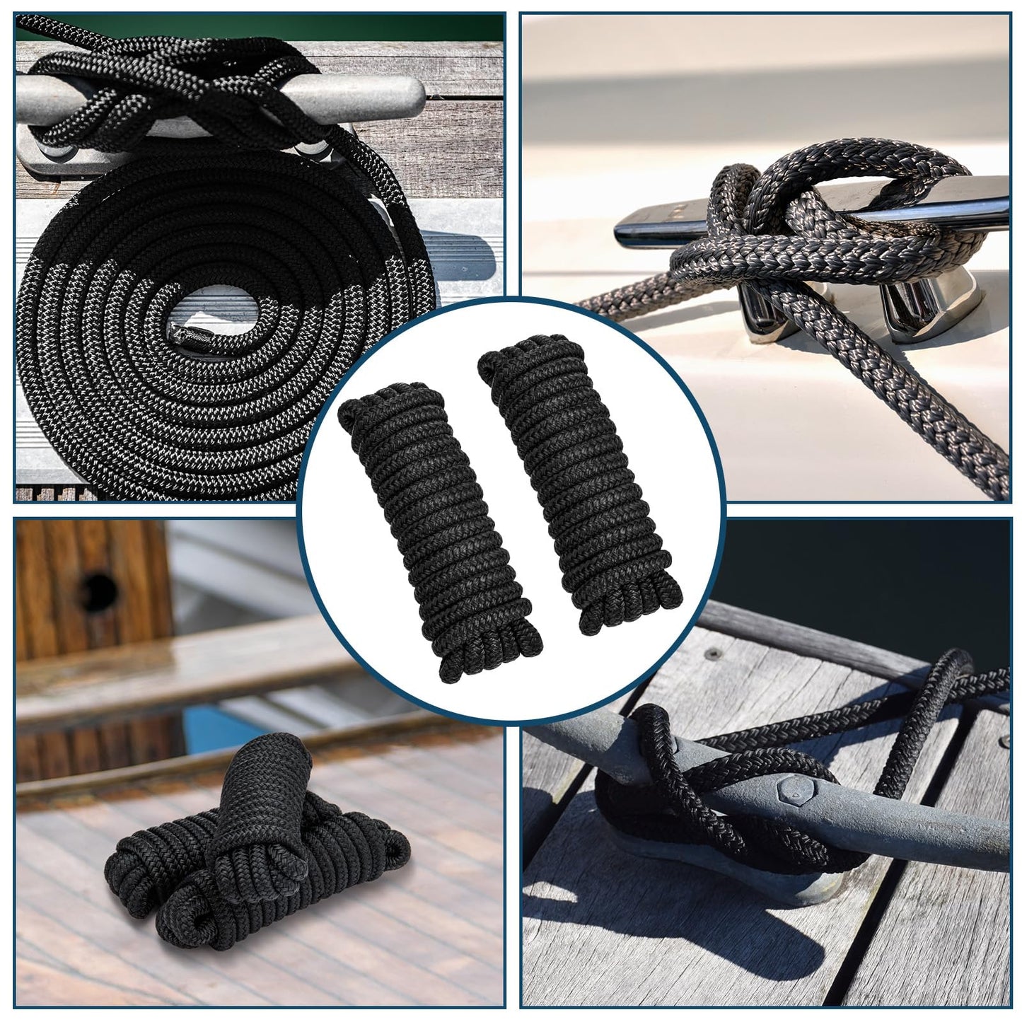 4 Pack 1/2" x 15’ Boat Dock Lines for Boat & Pontoon, Premium Marine- Grade Double Braided Nylon Dock Line, Pre-Spliced with a 12" Eyelet-Black,Boating Gifts for Men