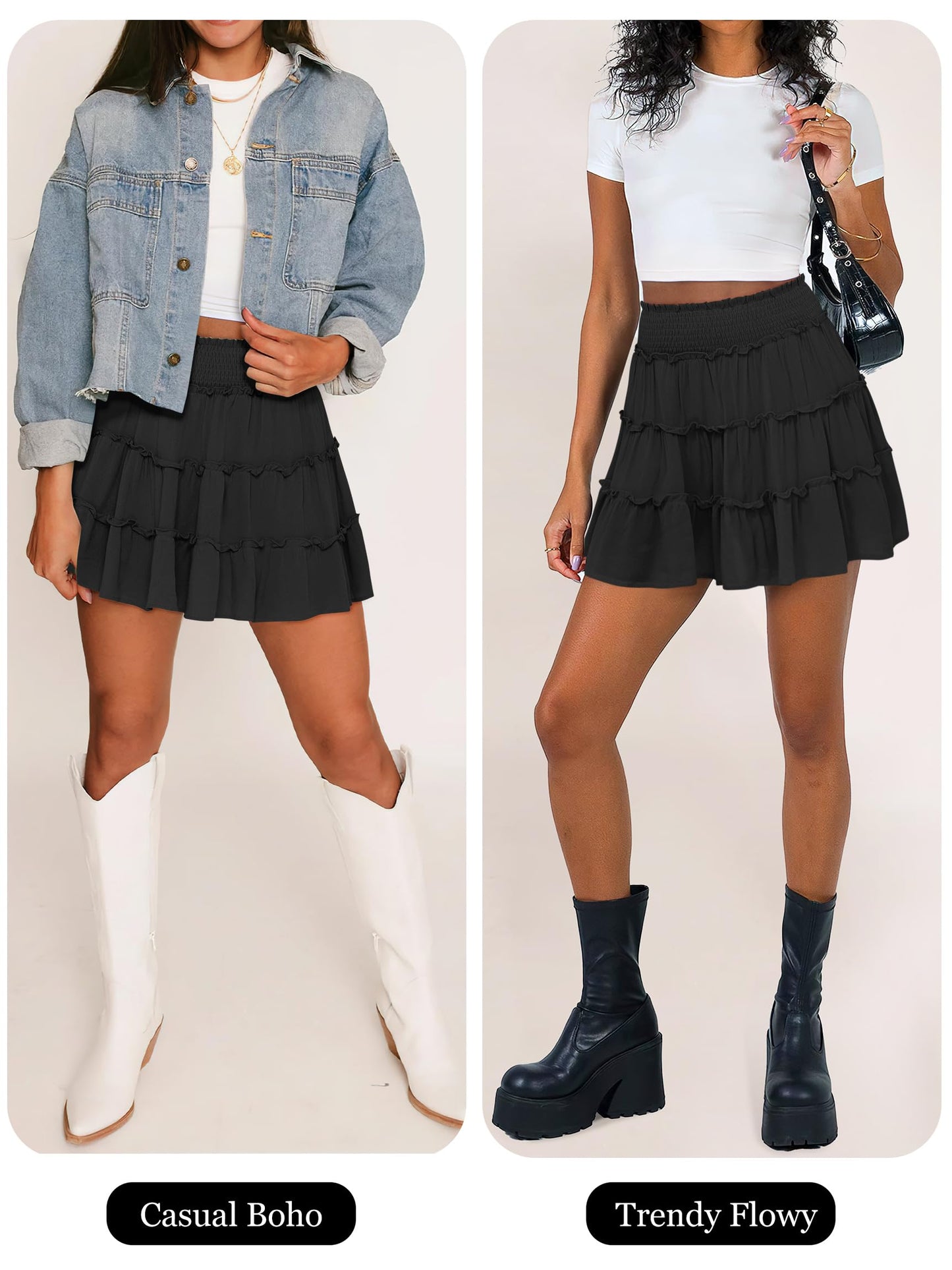Caracilia Womens Summer Flowy Mini Skorts Skirts High Waist Ruffle Tiered Casual Cute Boho Beach Short Skirts Built-in Shorts Black Medium
