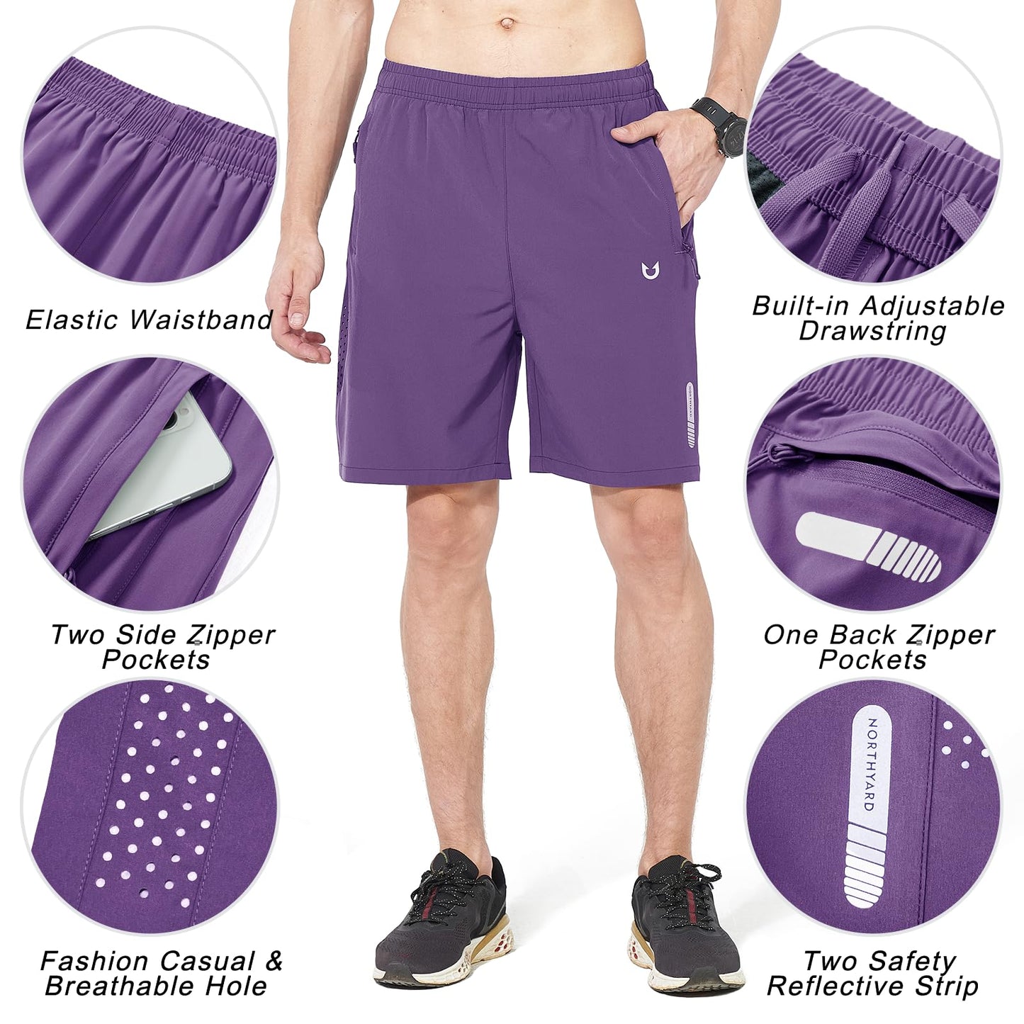 NORTHYARD Men's Athletic Running Shorts Gym Workout 7"/9"/5" Quick Dry Lightweight Sports Basketball Tennis 3 Zipper Pockets Purple L