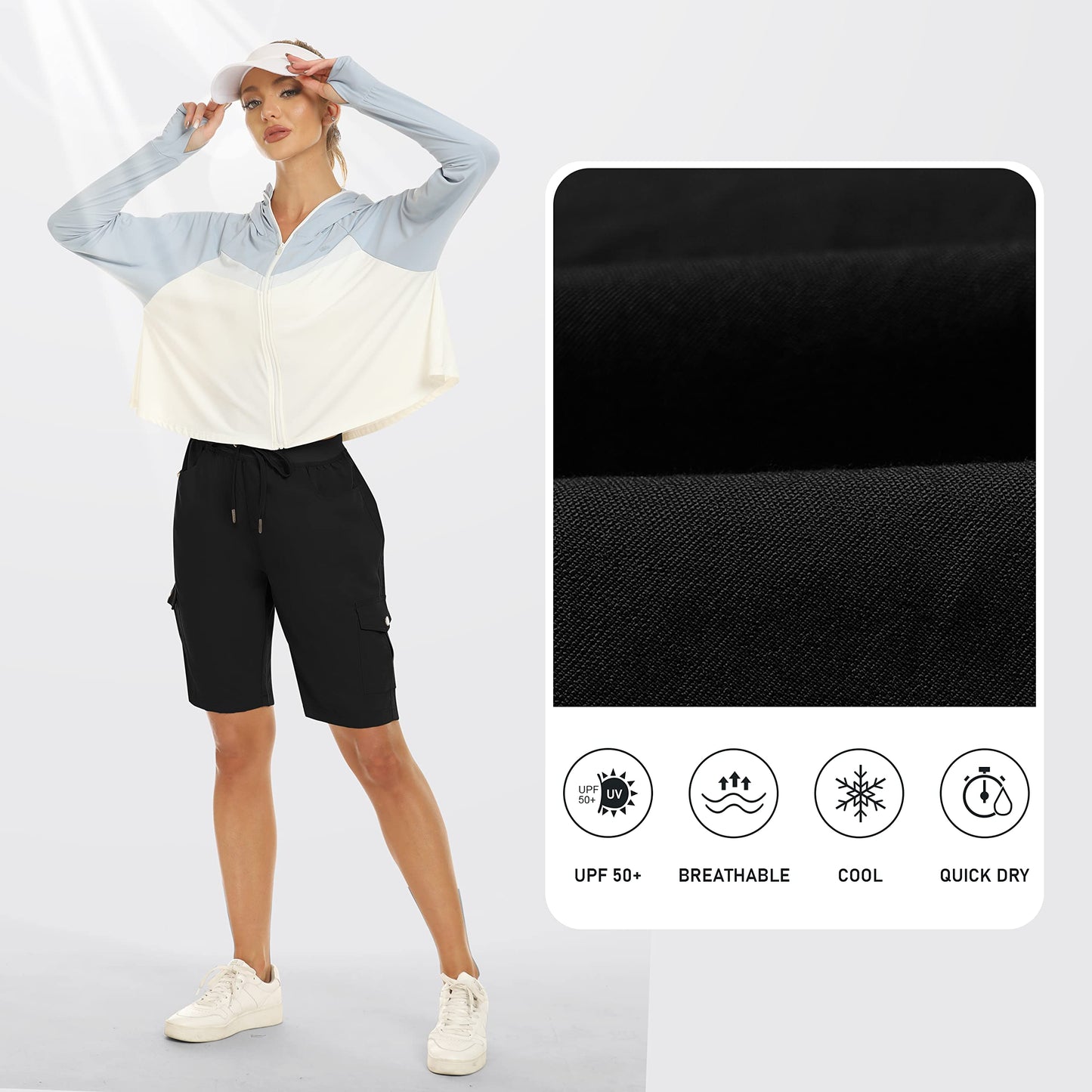 MoFiz Hiking Shorts for Women 10" Quick Dry Active Athletic Cargo Shorts Lightweight Summer Casual Running Shorts with Pockets Black XL