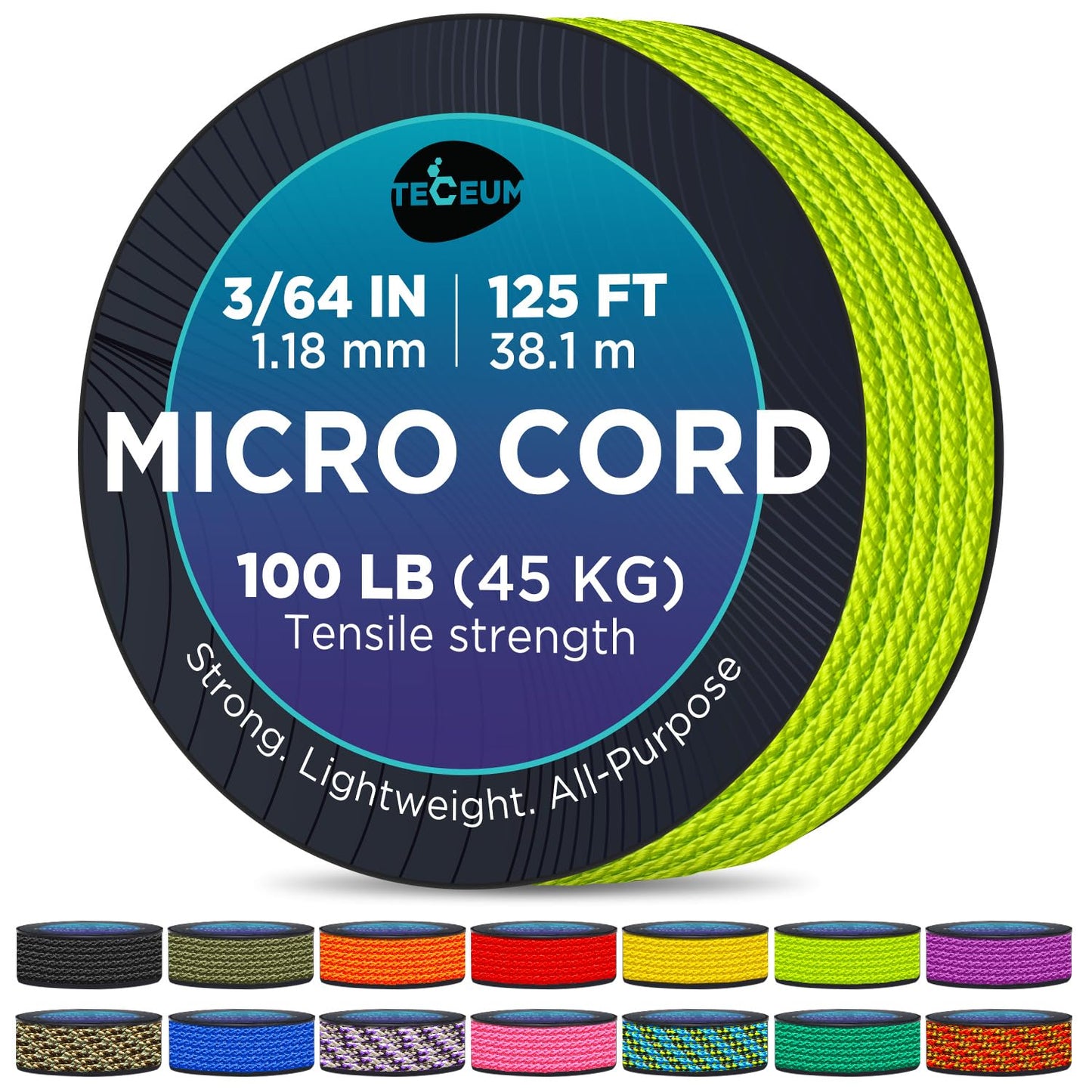 TECEUM Micro Paracord – Fluo Green – 1.18 mm x 125 ft – Micro Utility Cord – Thin Braided Paracord Rope Nylon Polyester – Wind Chime Replacement – Survival Strong String 462c