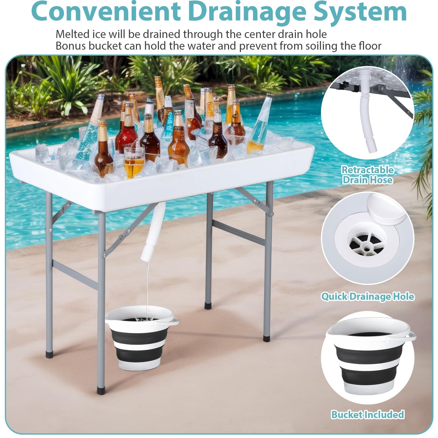 HomGarden Ice Cooler Folding Table with Removable Matching Skirt & Drain Hose, Ice Table for Food Beverage Cooling Indoor Outdoor Wedding Party Camping BBQ