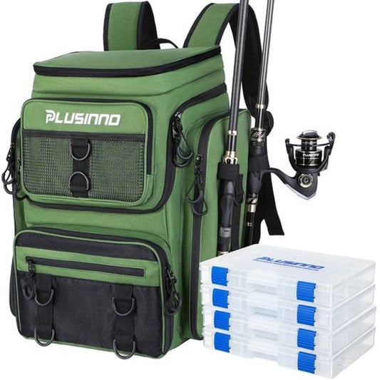 PLUSINNO Fishing Backpack with Rod Holders 4 Tackle Boxes, 42L Large Water-Resistant Fishing Tackle Bag Store Fishing Gear for Fishing, Camping, Hiking, Fishing Gifts for Men Father, Green
