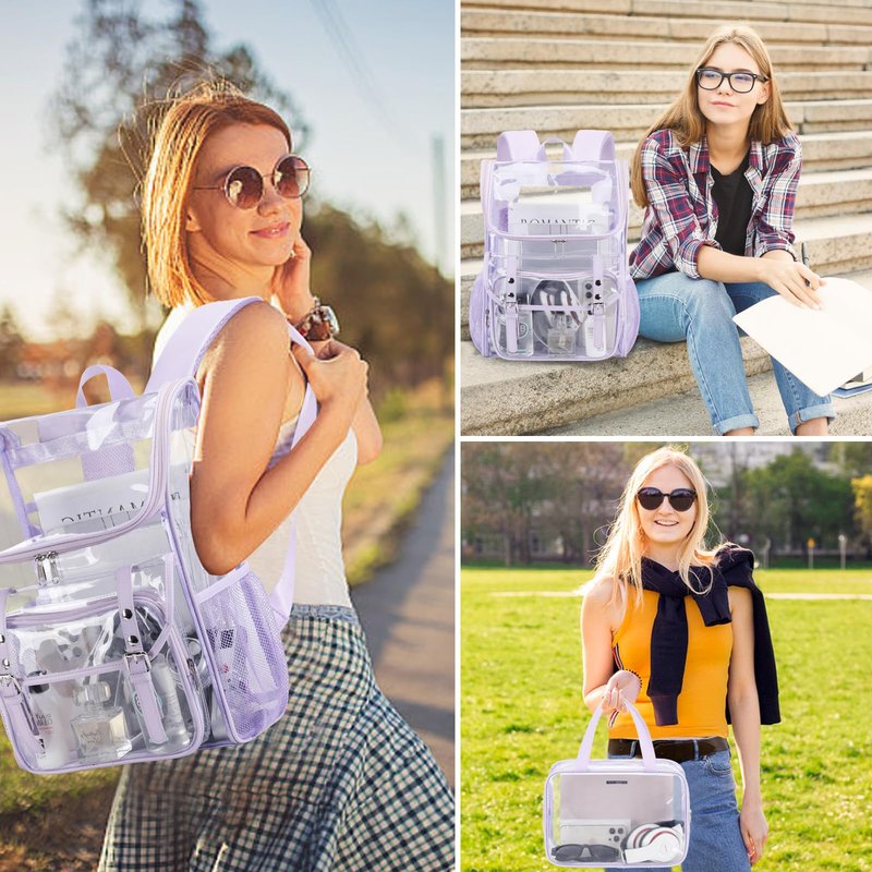 DIGOBAY Clear Backpack with Lunch Bag Set, Leather Clear Backpack Heavy Duty Thick PVC Bookbag Fashion See Through Transparent Backpacks with Support Pad for College Travel Work Purple