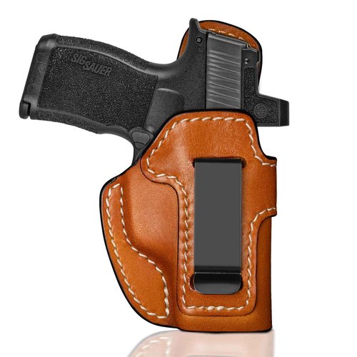 Premium IWB Leather Holster for SIG Sauer P365, P365X, P365XL, Optic-Ready Concealed Carry Holster, Molded Leather, Steel Clip Fits 1.75" Belt,Right-Hand Inside Waistband Holster, Classic Brown Color