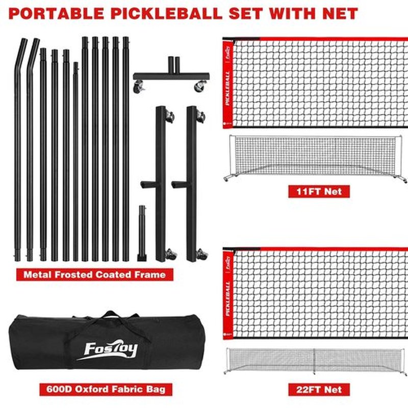 Fostoy Portable Pickleball Net with Wheels, Regulation Size 22 FT & Half Court 11 FT, Steady Metal Frame for Backyards, Driveways, and Garages (Black&Red)