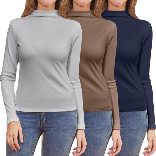 Geyoga 3 Pcs Women Mock Turtleneck Long Sleeve Shirts Neck Slim Fit Traceless Tops Winter Thermal Underwear Fleece Lined Top(Light Grey,Coffee,Navy Blue,L)