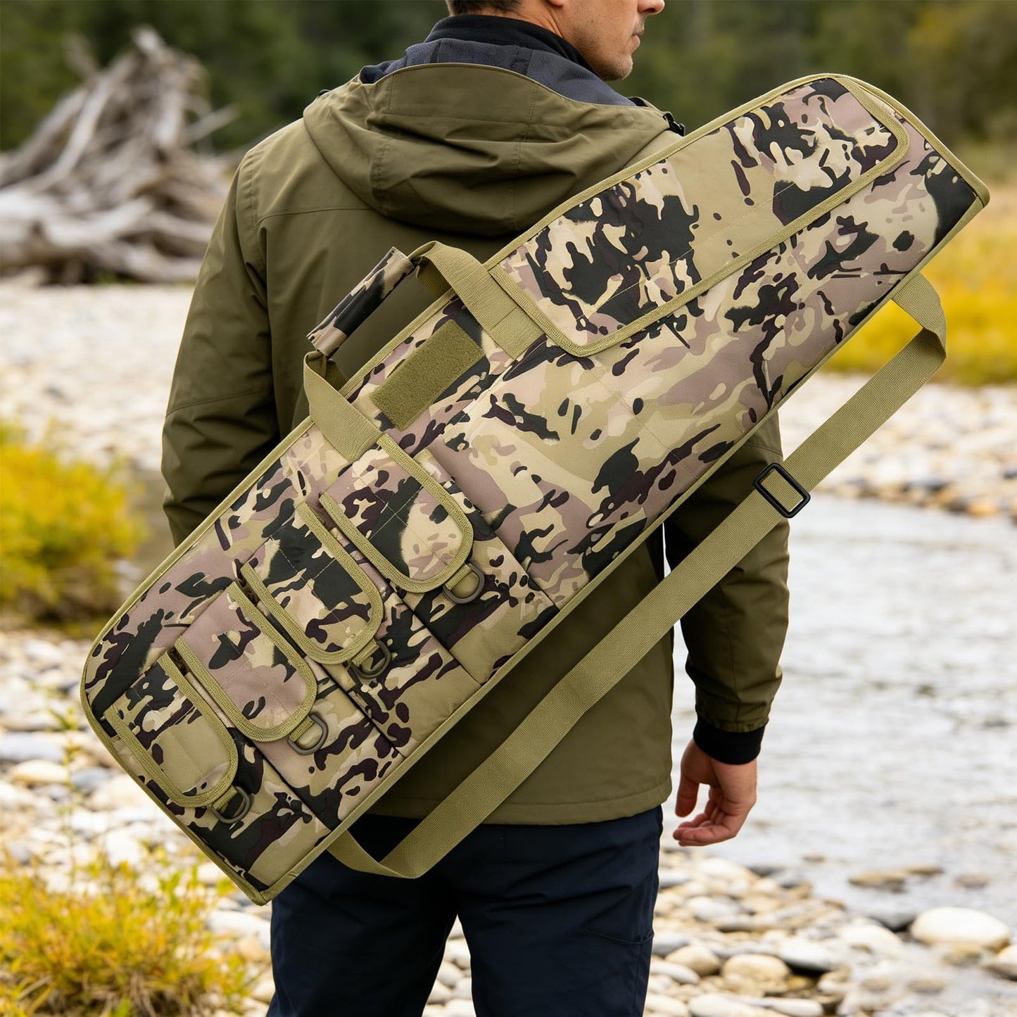 StorForge Tactical Rifle Case Single Scoped,Soft Shooting Range Bag with Fastening Straps Inside,Dual Lockable Zippers,6 Pouches,2 carrying methods,36" 42" (Camo, 36IN)