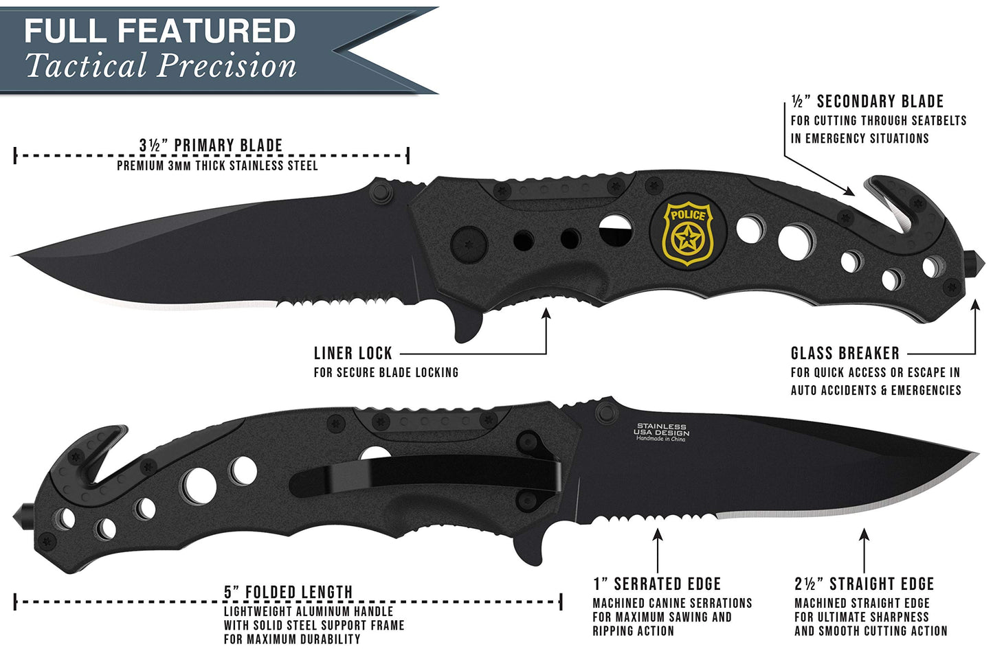 Swiss Safe 3-in-1 Tactical Knife for Military and First Responders - Tactical Black