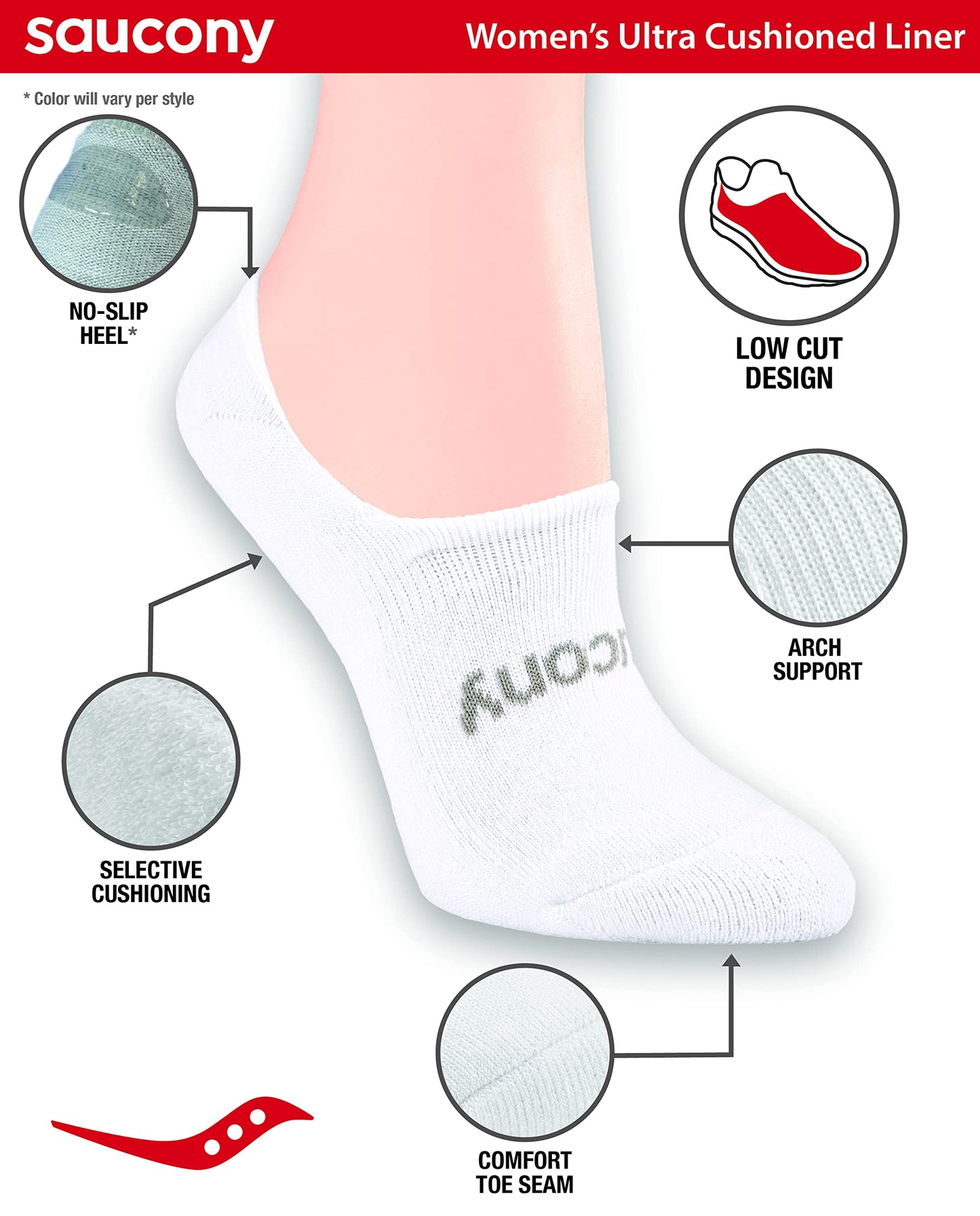 Saucony womens 8 Pairs No Show Cushioned Invisible Liner Socks, White (8 Pairs), Shoe Size 4-7 US