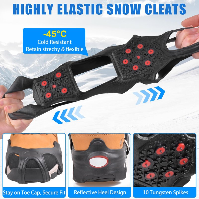 Ice Cleats Tungsten Crampons, Anti Slip Shoes Grippers with Reflective Heel, Ice Snow Cleats for Shoes and Boots Men Women Slip-on Overshoes Stretch Footwear, Size XL
