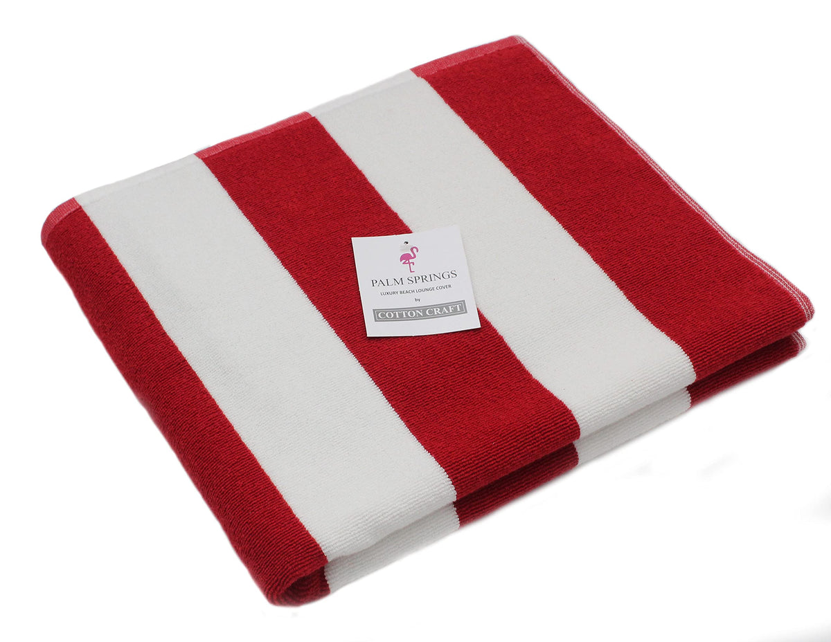 COTTON CRAFT Pool Lounge Chair Cover - Cabana Stripe 100% Cotton Soft Premium Ringspun Terry Towel Chaise Patio Picnic Spa Beach Lounge Cover - Oversized 32 in W x 82 in L x 7 in Pocket – Red White