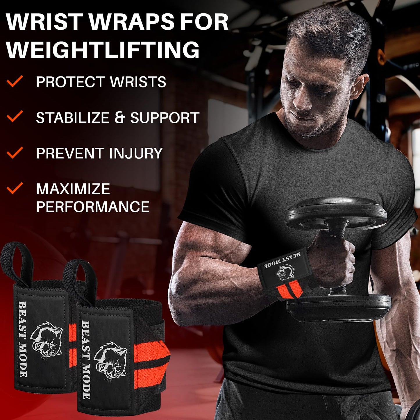 TECEUM Weightlifting Wrist Wraps with Thumb Loop – Black and Red – Arms on Fire – 18 inch – Heavy-Duty Workout Wrist Support & Protection – Ideal for Powerlifting, Strength Training, Bodybuilding