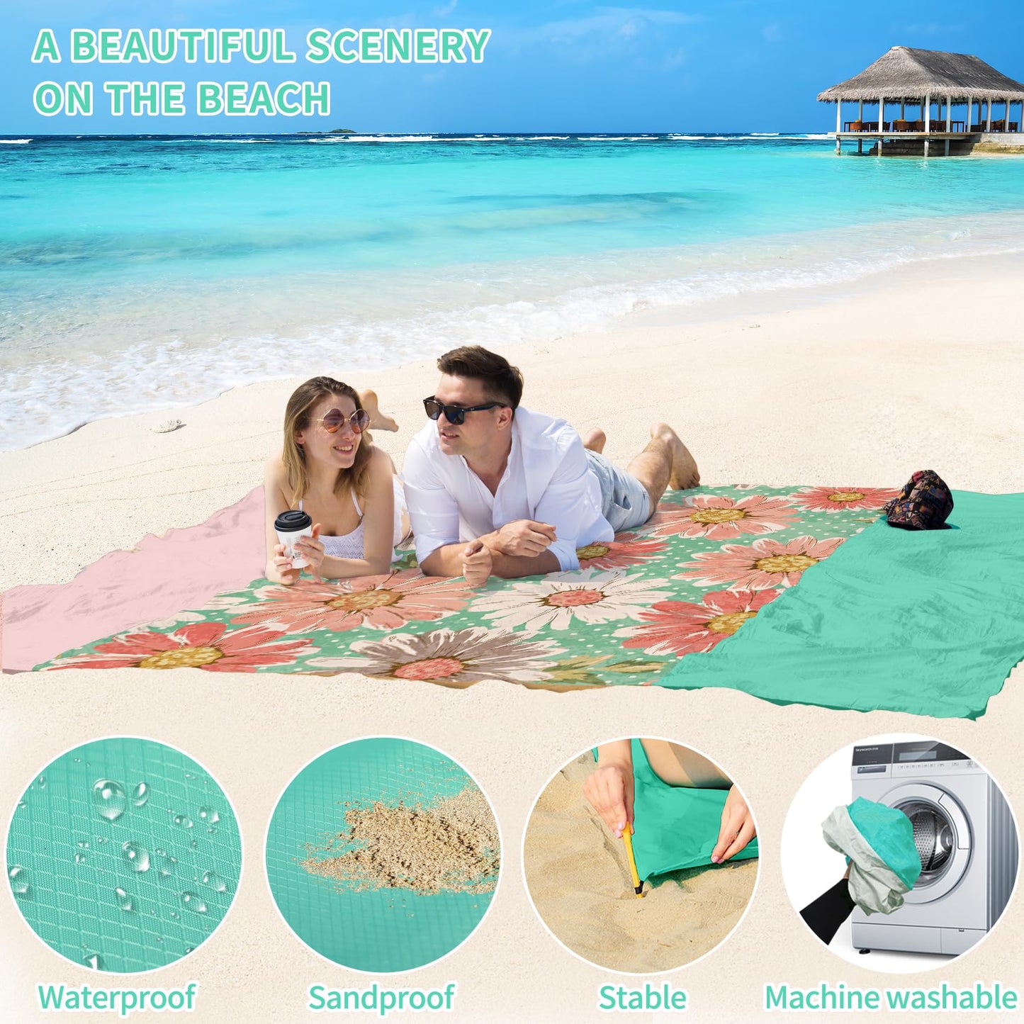 BYDOLL Beach Blanket Sandproof Waterproof 78''×81'' 1-4 Adults Compact Lightweight Oversized Beach Blanket Large Picnic Mat Beach Blanket for Travel Camping Hiking Picnic