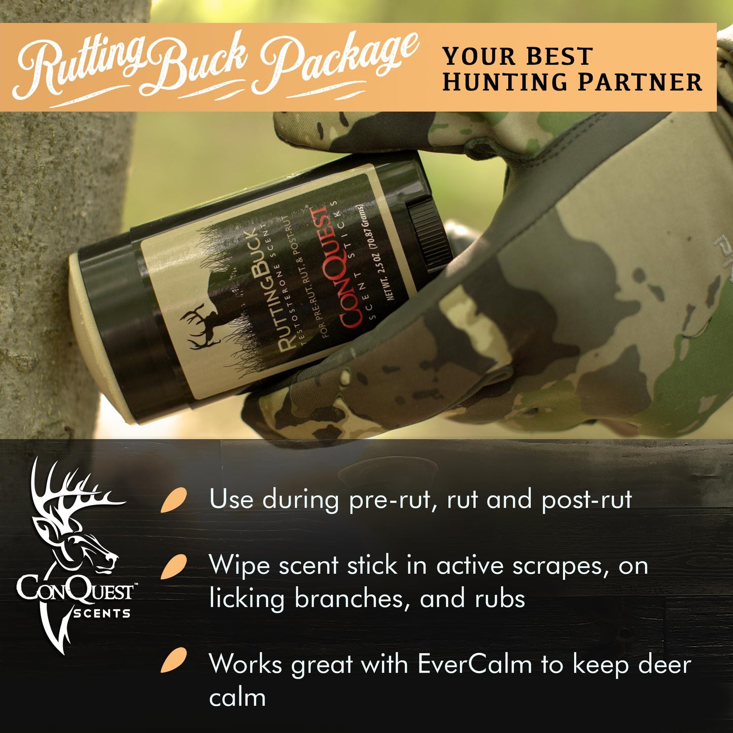 ConQuest Scents RuttingBuck Package – RuttingBuck & EverCalm Deer Herd Scent Stick, Deer Attractant & Calming Scent, All-Season Hunting Wax Sticks, 2.5 oz