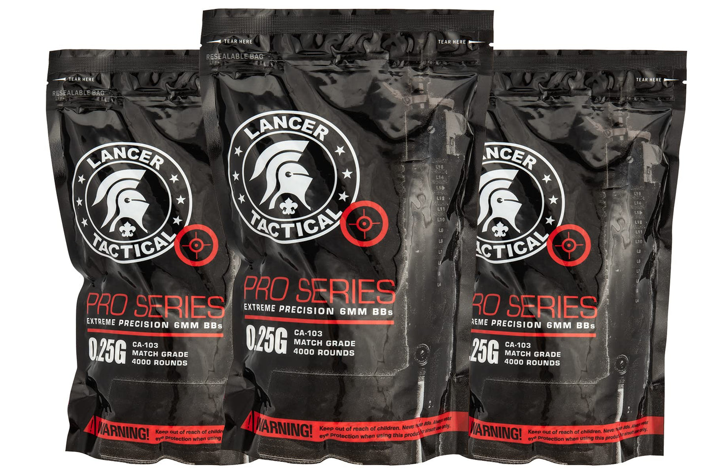 Lancer Tactical 0.25g White Seamless Polished Quality Airsoft BBS - Three Bags of 4,000 Rounds Each (Total 12,000 Rounds)