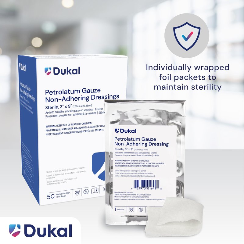 Dukal 206 Petrolatum Gauze, Sterile, 3" Width x 9" Length, Pack of 50