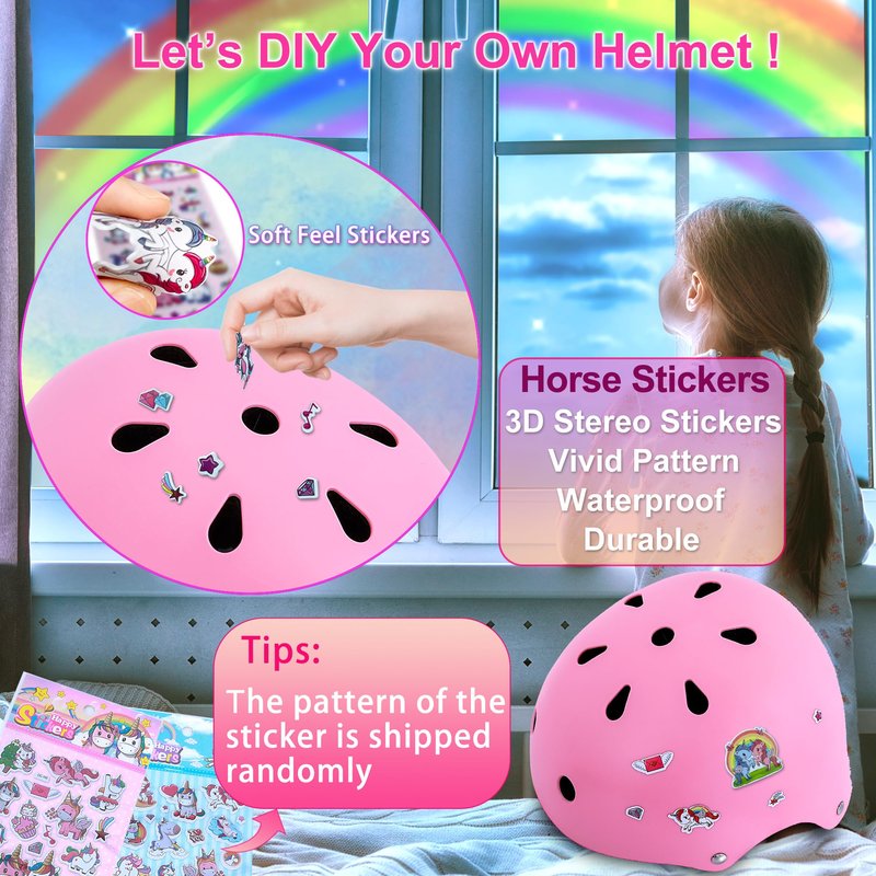 DINILEMU Kids Bike Helmet with DIY Stickers and Knee Pads Elbow Pads Wrist Guard Set for Ages 3-5-8 Toddler Boys Girls Helmet for Roller Skates Cycling Skateboarding Bicycle Scooter-Pink