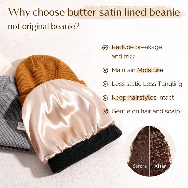 YANIBEST Beanie Hat for Women Men Satin Lined Beanie Hats Winter Hat Womens Cuffed Beanies Knit Skull Cap Warm Ski Hat Unisex Khaki