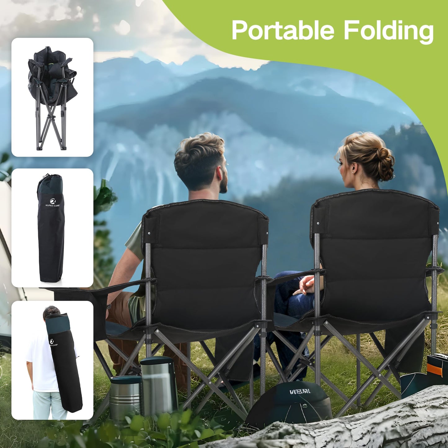 2 Pack Oversized Folding Camping Chairs High Back Heavy Duty Padded Lawn Chair for Adults Support up to 450lbs with Cup Holder, Side Pocket Cooler Bag, Blue