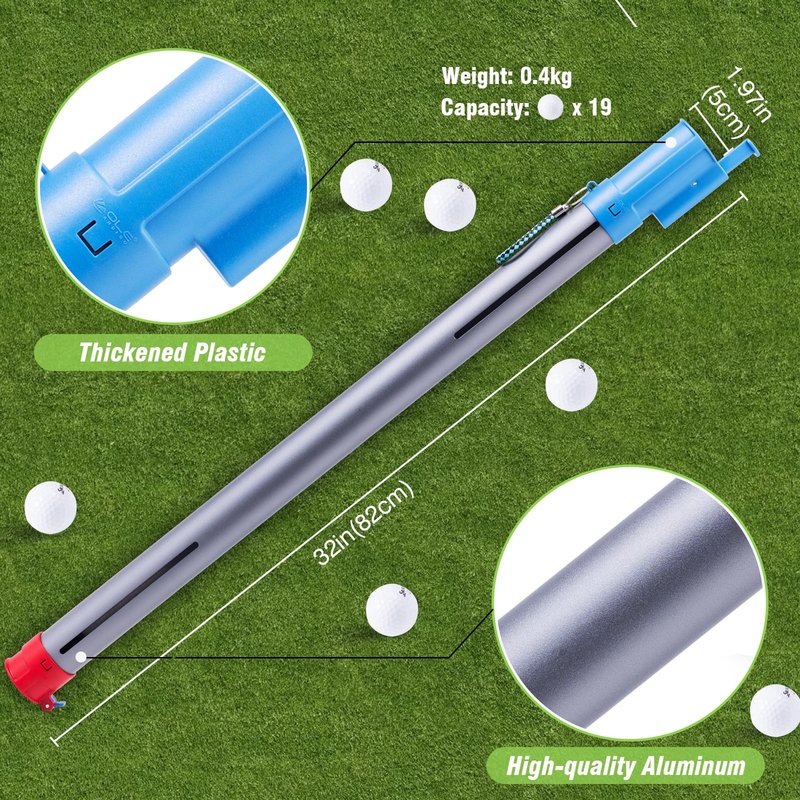 Golf Ball Retriever Golf Ball Pick Up and Ball Setting Tube,Dual Function Golf Ball Retriever,Lightweight Golf Ball Picker Upper Tube,Aluminum Alloy Golf Ball Picker Upper Tube，Holds 19 balls