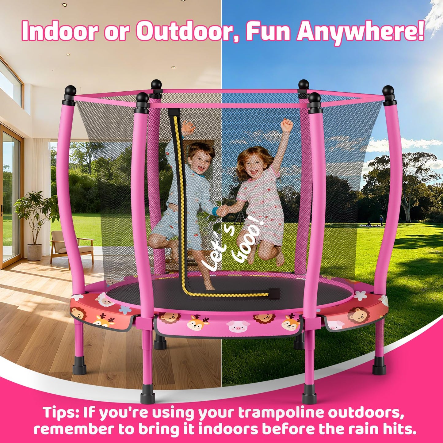 ZCMHAXJ 55" Trampoline for Kids, 440lbs Capacity Indoor & Outdoor Toddler Trampoline, Gifts for Boys & Girls (Animal)