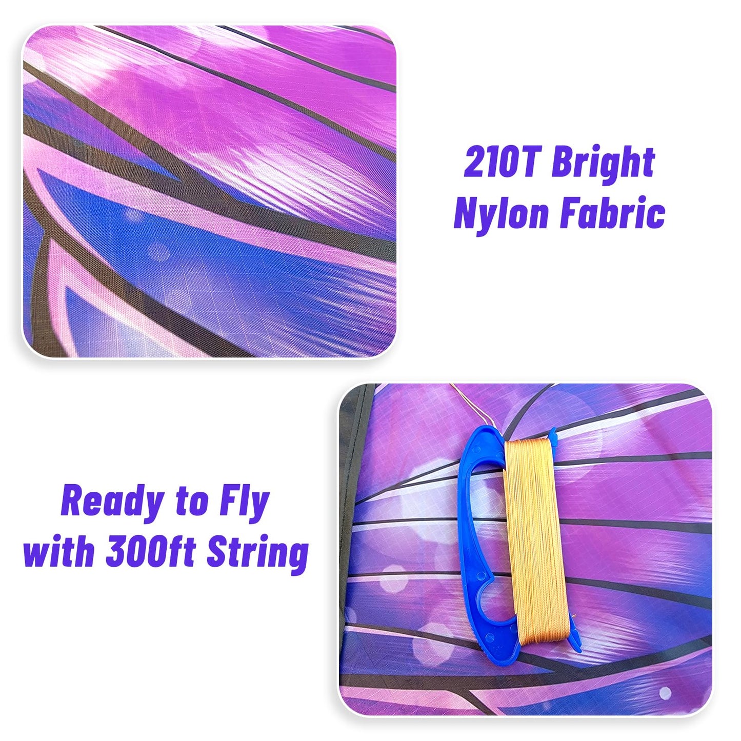 Mint's Colorful Life Butterfly Kite for Kids & Adults, Easy to Fly Kite for Beach, Large Single Line Kite with Long Tail &300ft Kite String (Purple)