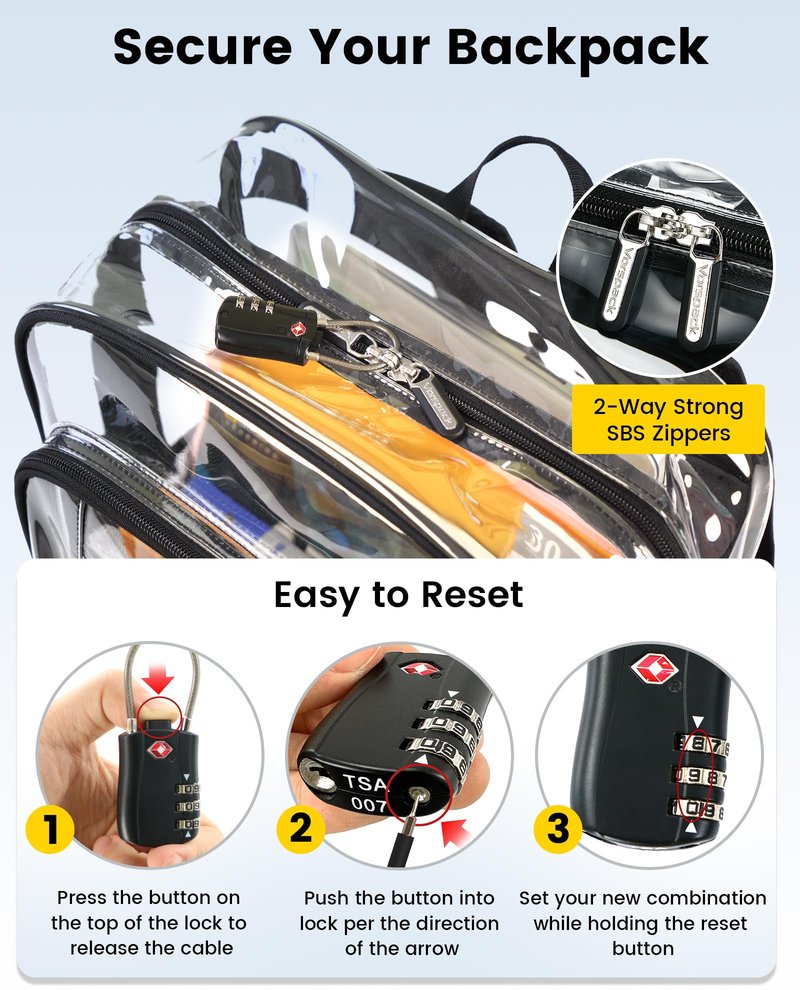 Vorspack Clear Backpack Heavy Duty - Extra Large Clear Backpacks with TSA Lock Transparent See Through Bookbag for College, Work, Travel - Black